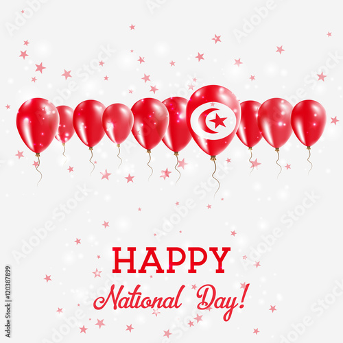 Tunisia Independence Day Sparkling Patriotic Poster. Happy Independence Day Card with Tunisia Flags, Confetti, Stars, Bokeh and Glitter.
