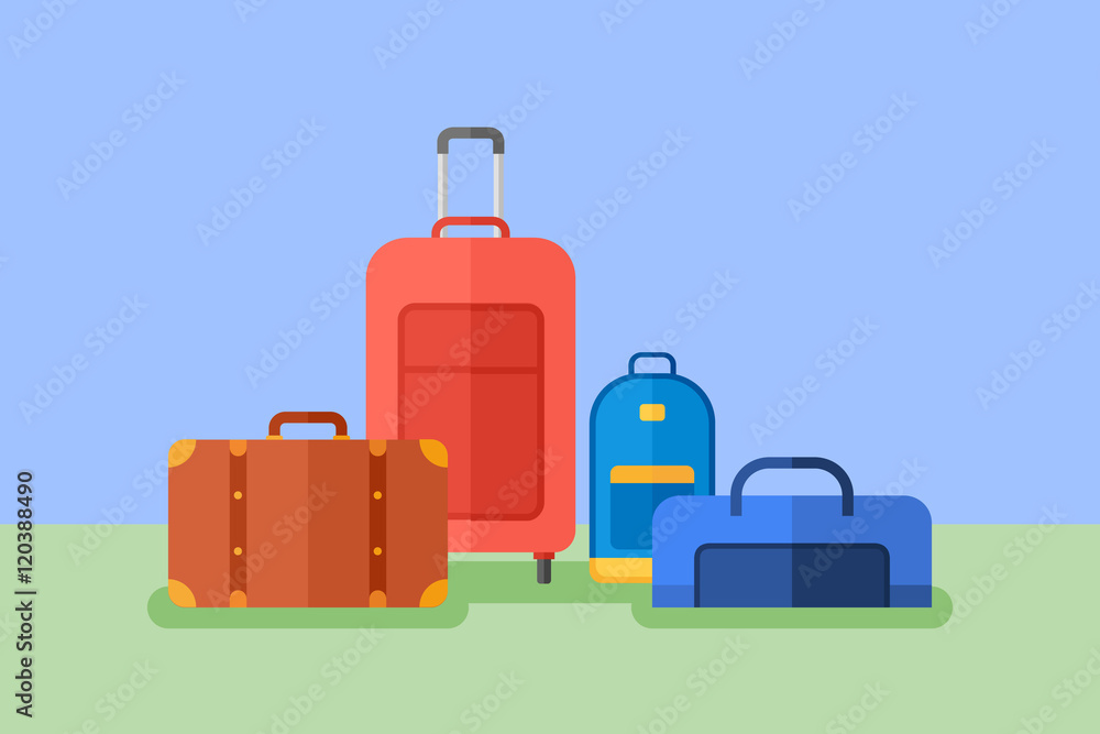 Baggage flat style horizontal banner. Travel bag, suitcase, luggage case, backpack. Vector illustration. Baggage flat style horizontal banner. Travel bag, suitcase, luggage case, backpack. Vector illustration.