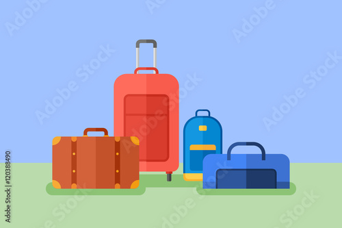 Baggage flat style horizontal banner. Travel bag, suitcase, luggage case, backpack. Vector illustration.