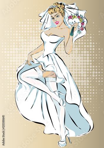 Beautiful retro pin up bride in wedding dress vector