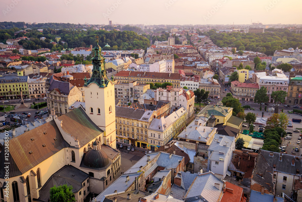 Beautiful top view with roofs of old european town. Lviv Ukraine.
