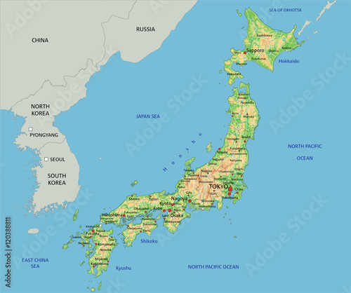 High detailed Japan physical map.