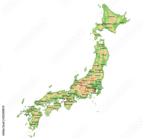 High detailed Japan physical map.