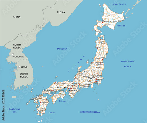High detailed Japan road map with labeling.
