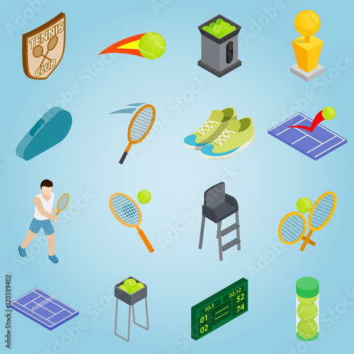 Isometric tennis icons set. Universal tennis icons to use for web and mobile UI, set of basic tennis elements vector illustration