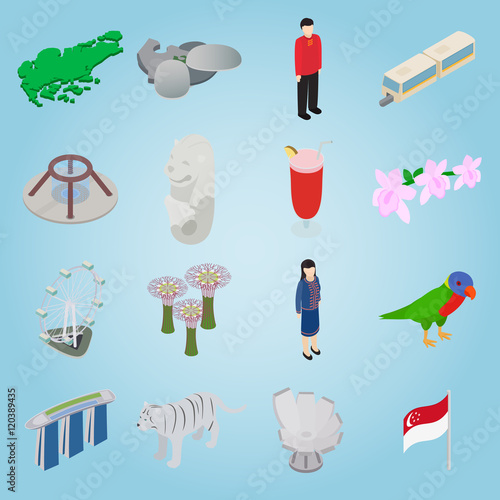 Isometric singapore icons set. Universal singapore icons to use for web and mobile UI, set of basic singapore elements vector illustration