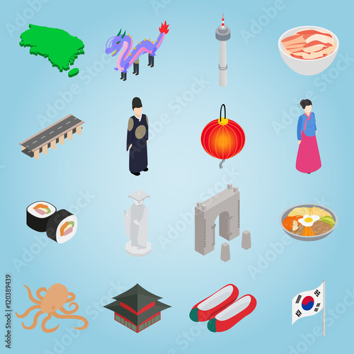 Isometric south korea icons set. Universal south korea icons to use for web and mobile UI, set of basic south korea elements vector illustration
