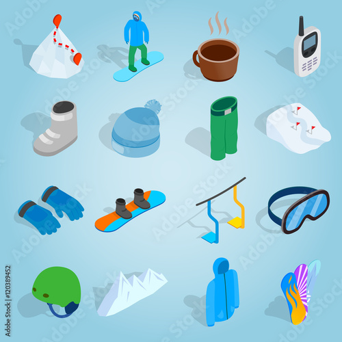 Isometric snowboard icons set. Universal snowboard icons to use for web and mobile UI, set of basic snowboard elements vector illustration