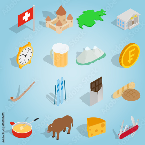 Isometric switzerland icons set. Universal switzerland icons to use for web and mobile UI, set of basic switzerland elements vector illustration