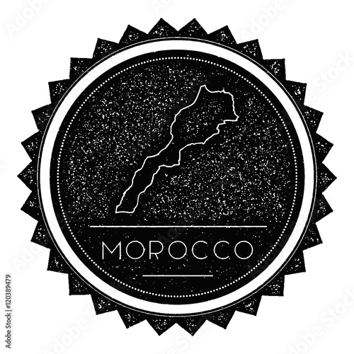 Morocco Map Label with Retro Vintage Styled Design. Hipster Grungy Morocco Map Insignia Vector Illustration. Country round sticker.