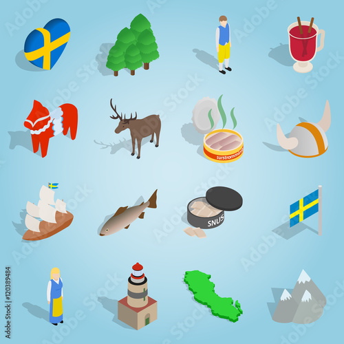 Isometric sweden icons set. Universal sweden icons to use for web and mobile UI, set of basic sweden elements vector illustration photo