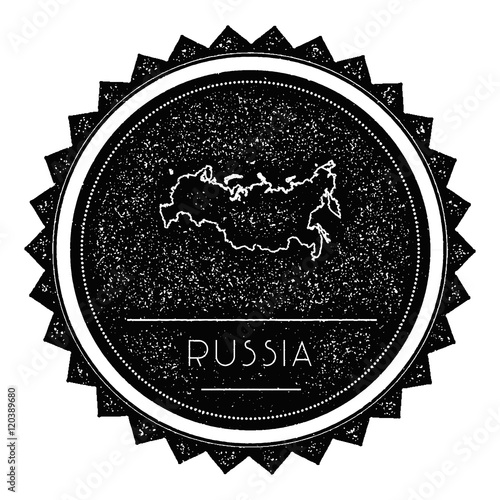 Russian Federation Map Label with Retro Vintage Styled Design. Hipster Grungy Russian Federation Map Insignia Vector Illustration. Country round sticker.