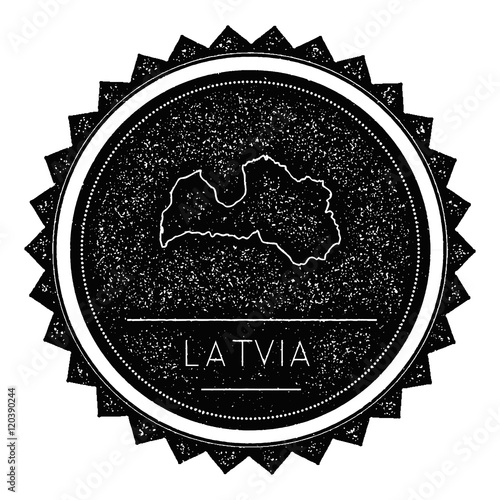 Latvia Map Label with Retro Vintage Styled Design. Hipster Grungy Latvia Map Insignia Vector Illustration. Country round sticker.