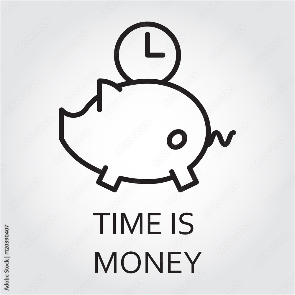 Black flat line vector icon with a picture of time is money as piggybank and clock on white background. Black flat line vector icon with a picture of time is money as piggybank and clock on white background.