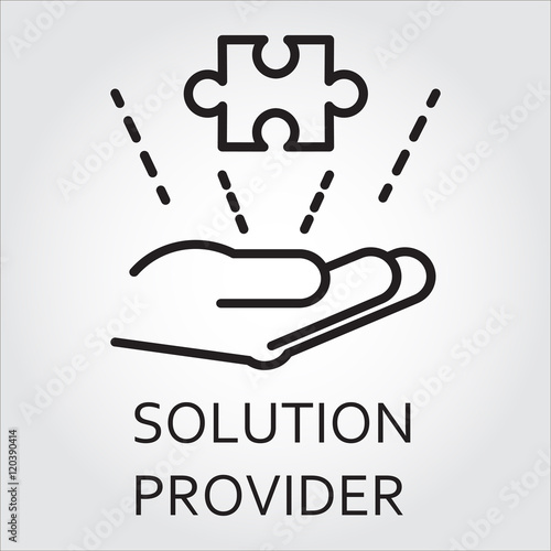 Black flat line vector icon with a picture of solution provider as hand giving puzzle on white background.