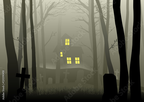 Scary house and cemetery in the dark woods