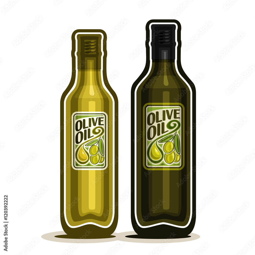 Vector logo 2 green glass Bottle with pure Olive Oil, bottles virgin cooking olive oil, container natural organic liquid with cap and label with olives branch and oily drop, closeup isolated on white. Vector logo 2 green glass Bottle with pure Olive Oil, bottles virgin cooking olive oil, container natural organic liquid with cap and label with olives branch and oily drop, closeup isolated on white.