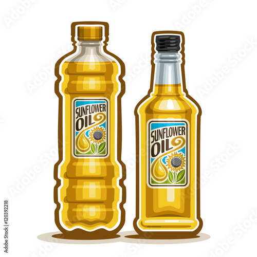 Vector logo 2 yellow plastic and glass Bottle with pure Sunflower Oil and label, bottles virgin cooking sunflower oil, container natural organic sunny flower liquid with cap, closeup isolated on white