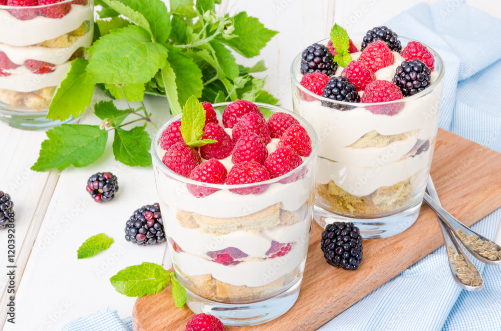Tiramisu in a glass with coffee sponge cake and fresh berries Tiramisu in a glass with coffee sponge cake and fresh berries