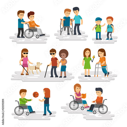 Disability person vector flat. Young disabled people and friends helping them, disabled man and woman in wheelchair, blind with stick and guide dog isolated on white background People with prosthesis