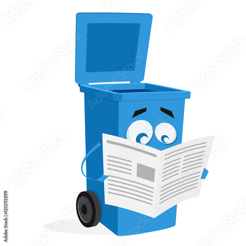 blue trashcan reading an old newspaper