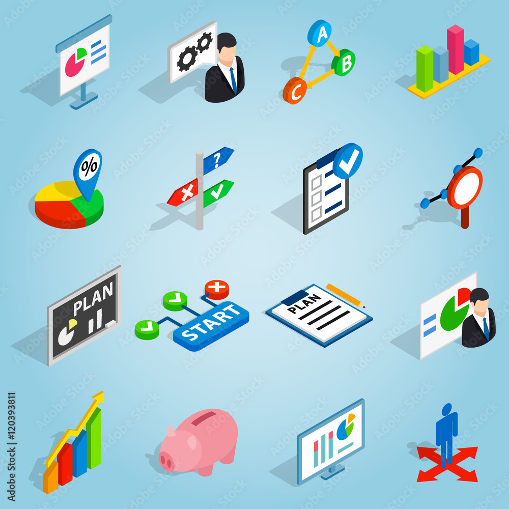Isometric business plan icons set. Universal business plan icons to use for web and mobile UI, set of basic business plan elements vector illustration Isometric business plan icons set. Universal business plan icons to use for web and mobile UI, set of basic business plan elements vector illustration