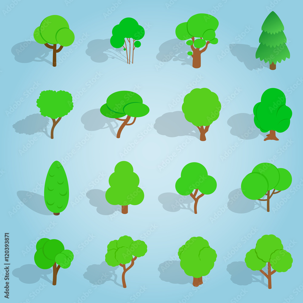 Isometric tree icons set. Universal tree icons to use for web and mobile UI, set of basic tree elements vector illustration