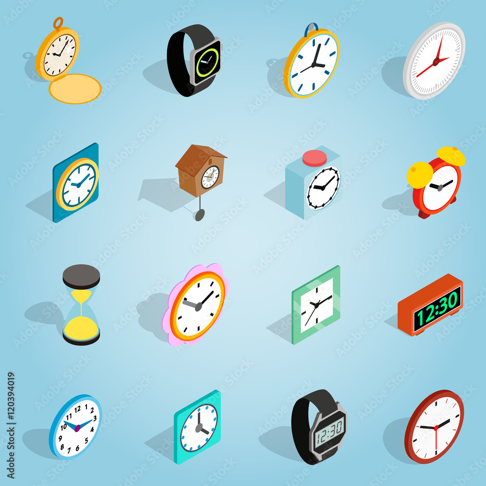 Isometric clock set icons. Universal clock icons to use for web and