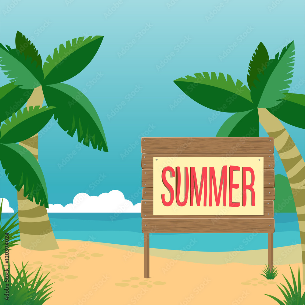 Fototapeta premium A summer beach, palms, sea, clouds, sand, grass, table, is inscr