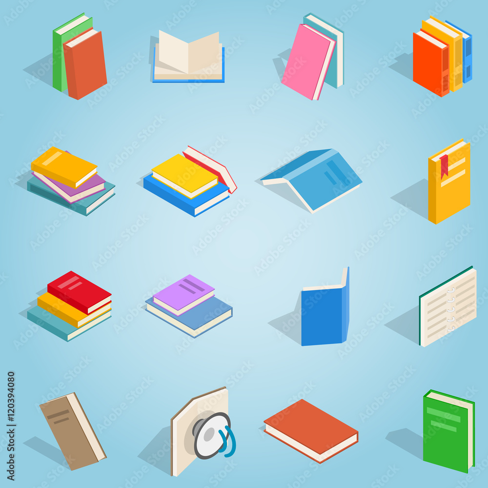 Isometric book set icons. Universal book icons to use for web and mobile UI, set of basic book elements vector illustration Isometric book set icons. Universal book icons to use for web and mobile UI, set of basic book elements vector illustration