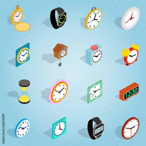 Isometric clock set icons. Universal clock icons to use for web and mobile UI, set of basic clock elements vector illustration