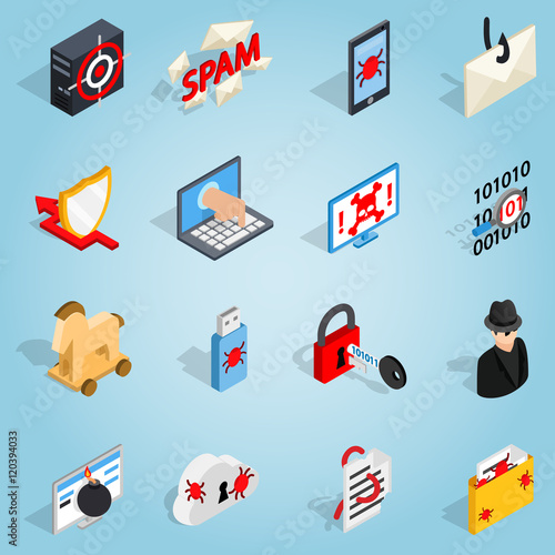 Isometric 3d hacking set icons. Universal hacking icons to use for web and mobile UI, set of basic hacking elements vector illustration