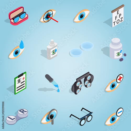 Isometric optometry set icons. Universal optometry icons to use for web and mobile UI, set of basic optometry elements vector illustration