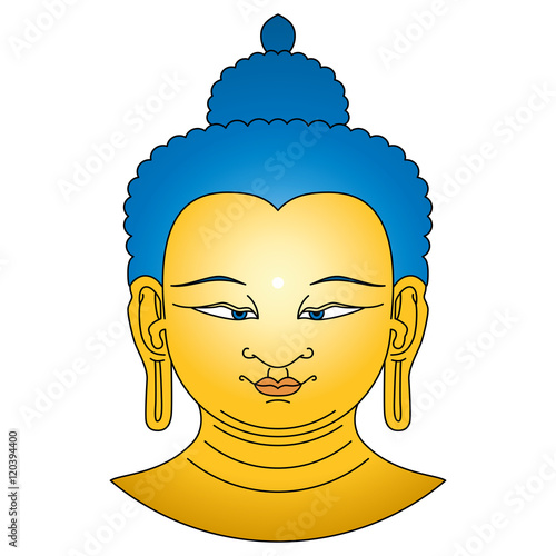 Gold colored Buddha head with blue hairs. Bodhisattva illustration on white background. Urna, the circular white dot between the eyebrows symbolizes the third eye and vision into the divine world.