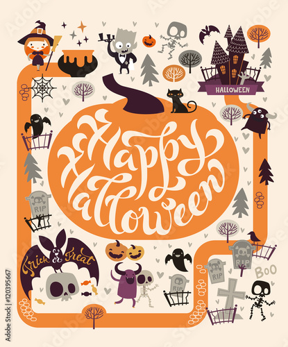 Halloween Party Design template, with the hand drawn lettering within a pumpkin. Fairy map location the graveyard, cute zombies, ghosts, skeletons and trees on the background.