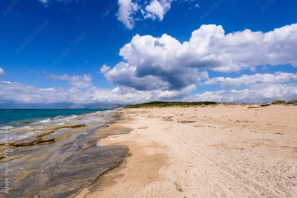 Beautiful and calm sandy beach near Acharawi village, Corfu, Greece. Beautiful and calm sandy beach near Acharawi village, Corfu, Greece.