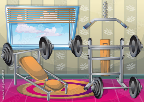 cartoon vector illustration interior fitness room with separated layers in 2d graphic