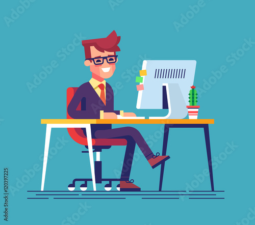 Young handsome Businessman is sitting legs crossed typing something on the desktop computer and friendly smiling. Business concept office work. Modern vector illustration flat style.