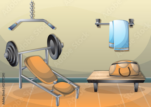 cartoon vector illustration interior fitness room with separated layers in 2d graphic
