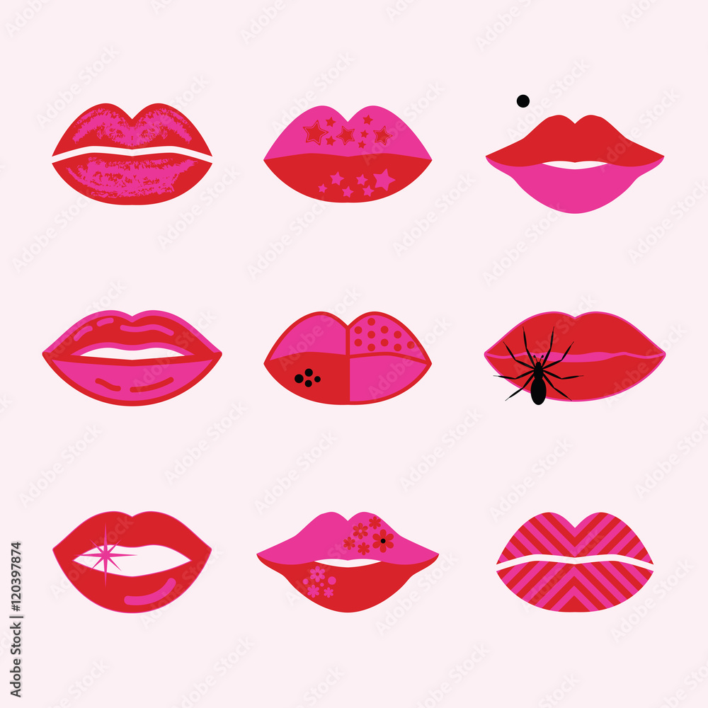 Retro assorted red and pink pop art women lips icons set poster on skin pink background Retro assorted red and pink pop art women lips icons set poster on skin pink background