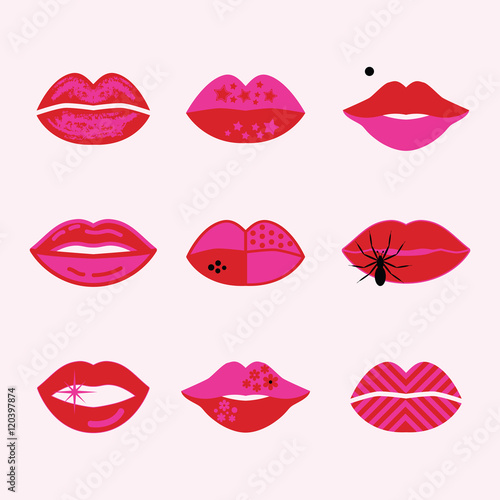 Retro assorted red and pink pop art women lips icons set poster on skin pink background