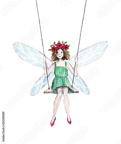 Watercolor illustration of a fairy on a swing