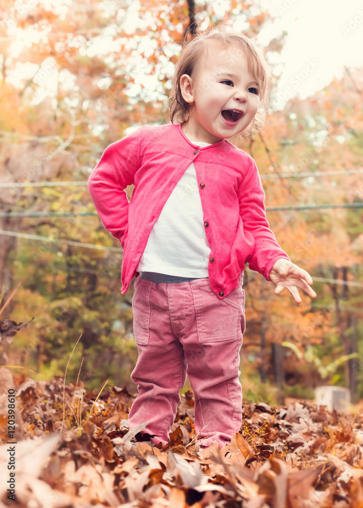 Happy toddler girl playing in the fall leaves Happy toddler girl playing in the fall leaves