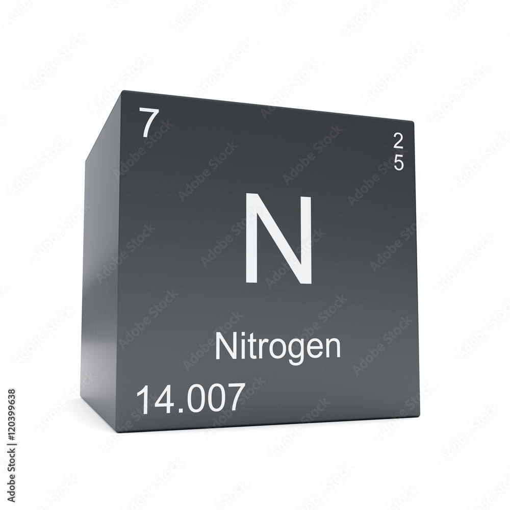 Nitrogen chemical element symbol from the periodic table displayed on black cube