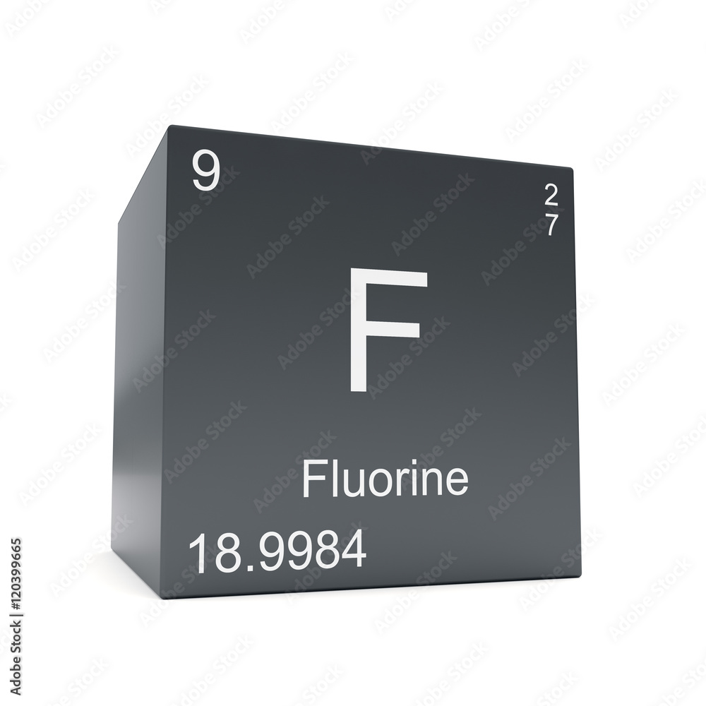 Fluorine chemical element symbol from the periodic table displayed on black cube Fluorine chemical element symbol from the periodic table displayed on black cube