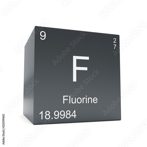 Fluorine chemical element symbol from the periodic table displayed on black cube