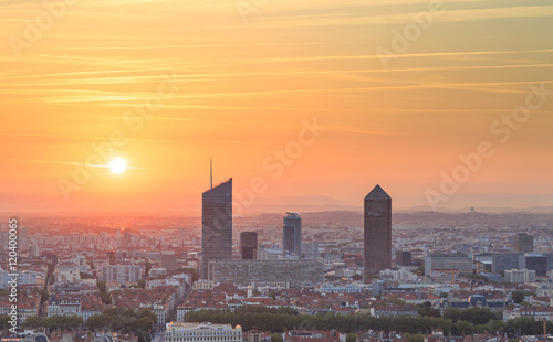 Towers of Part-Dieu, Lyon, during a summer sunrise. Seen from Fourviere hill. © sanderstock