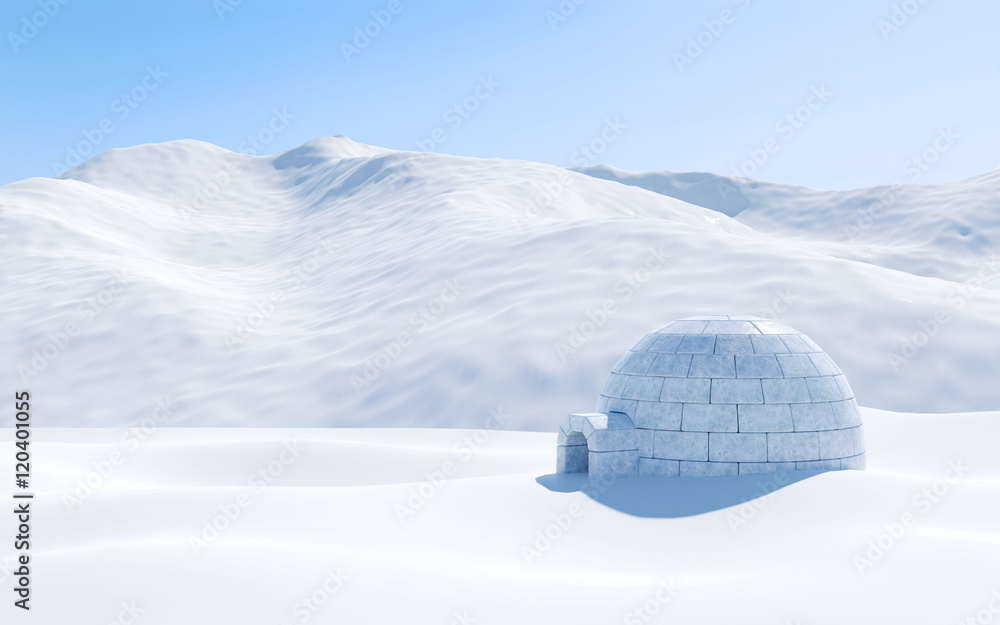 Igloo isolated in snowfield with snowy mountain, Arctic landscape scene - obrazy, fototapety, plakaty 