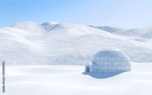 Igloo isolated in snowfield with snowy mountain, Arctic landscape scene photo