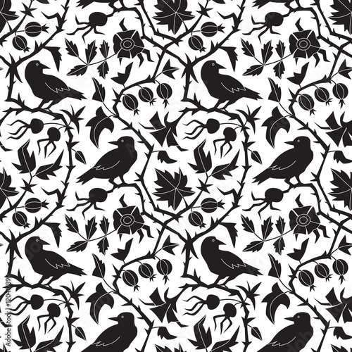 Wallpaper Mural Dark floral pattern with crow
